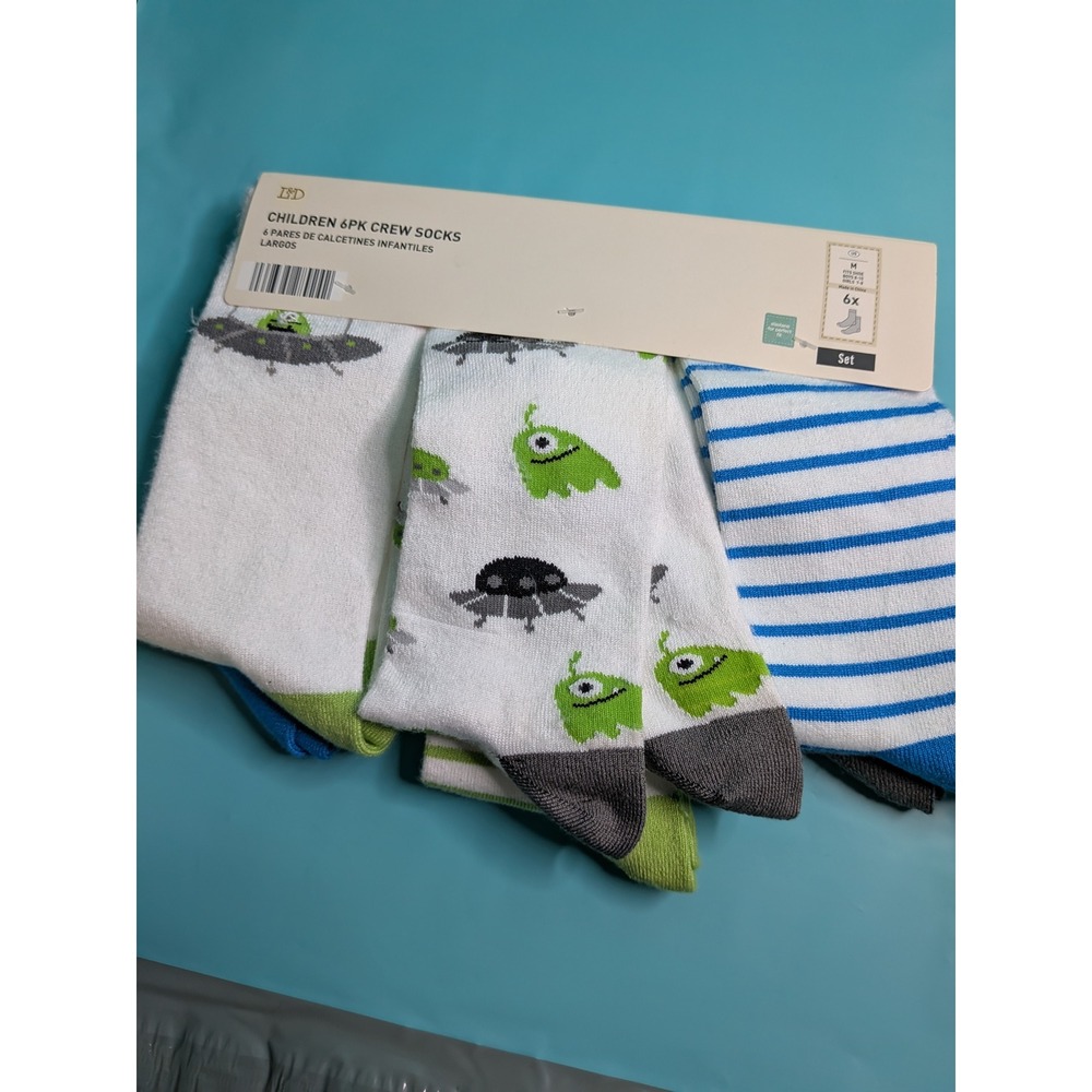 L&D Childrens 6pk Crew Socks Alien UFO Stripes Blue Green Grey White Size M NEW